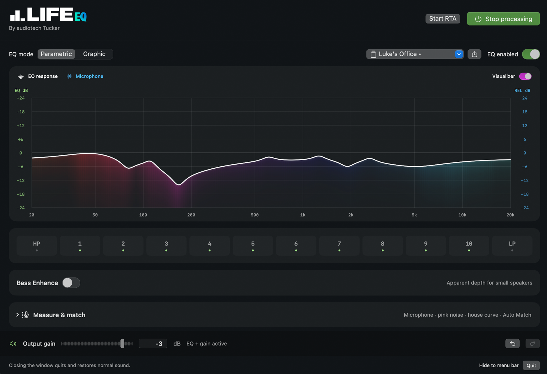 Life EQ with its visualizer enabled: a white EQ curve with coloured light glowing underneath